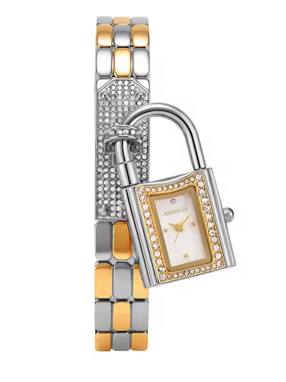 Two-Tone Padlock Bracelet Watch with Crystal Accents - Gold & Silver